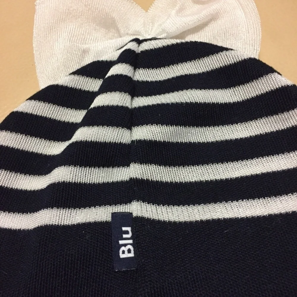 NWT FEDERICA MORETTI Navy Blue White Striped Bow BEANIE